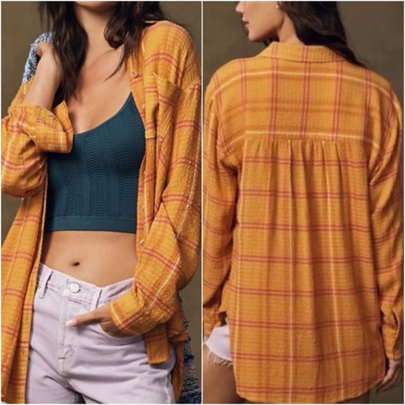 Anthropologie Tops - Anthropologie Large Pilcro Orange Plaid Hadley Relaxed Buttondown Shirt Top